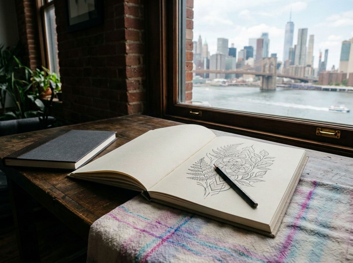 Custom botanical and sacred-geometry tattoo design drawn in a sketchbook beside a Brooklyn waterfront view