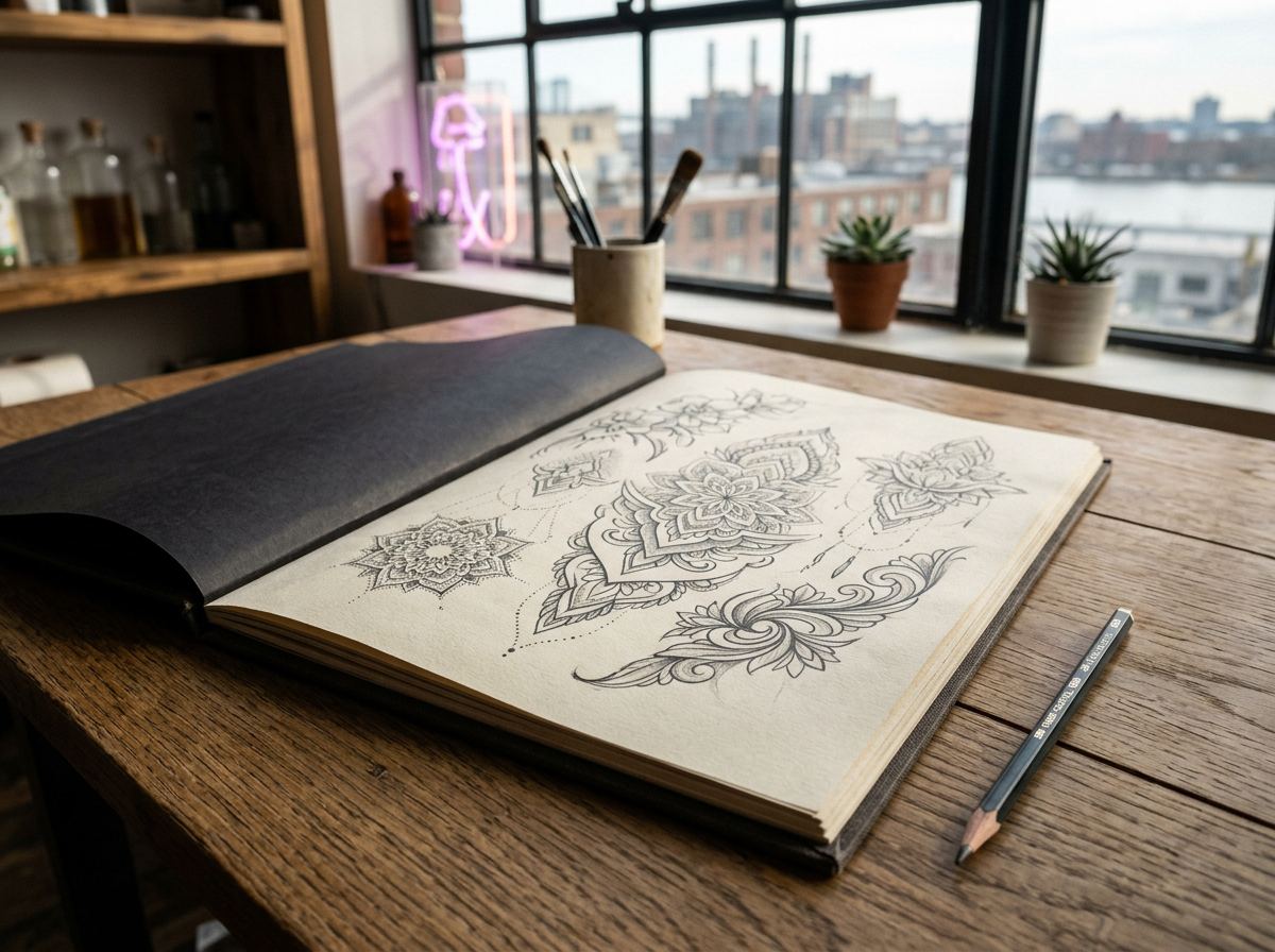 Archival portfolio of detailed ornamental tattoo drawings showing years of practiced artistry