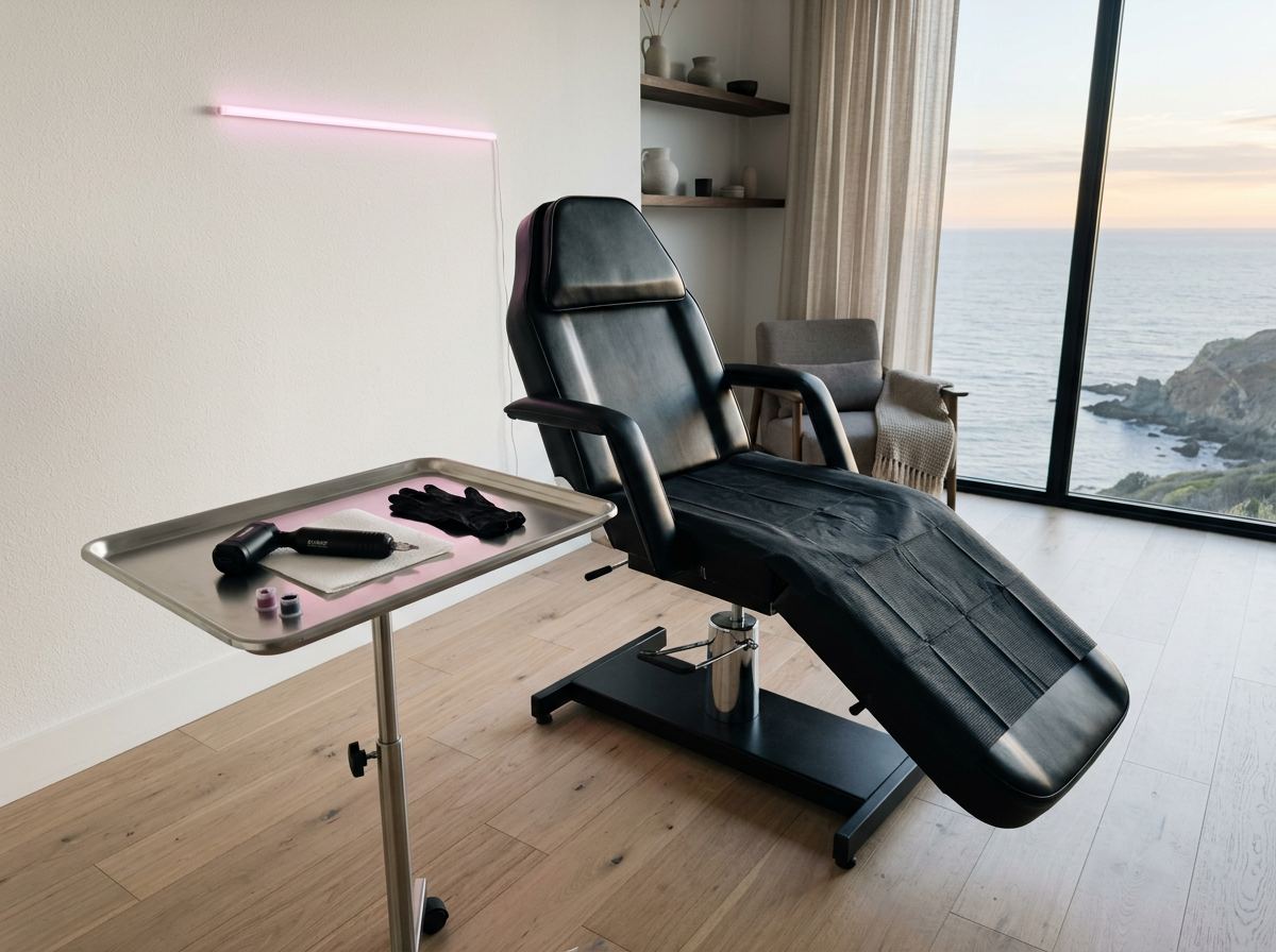Pristine single-client tattoo suite prepared for a calm private appointment