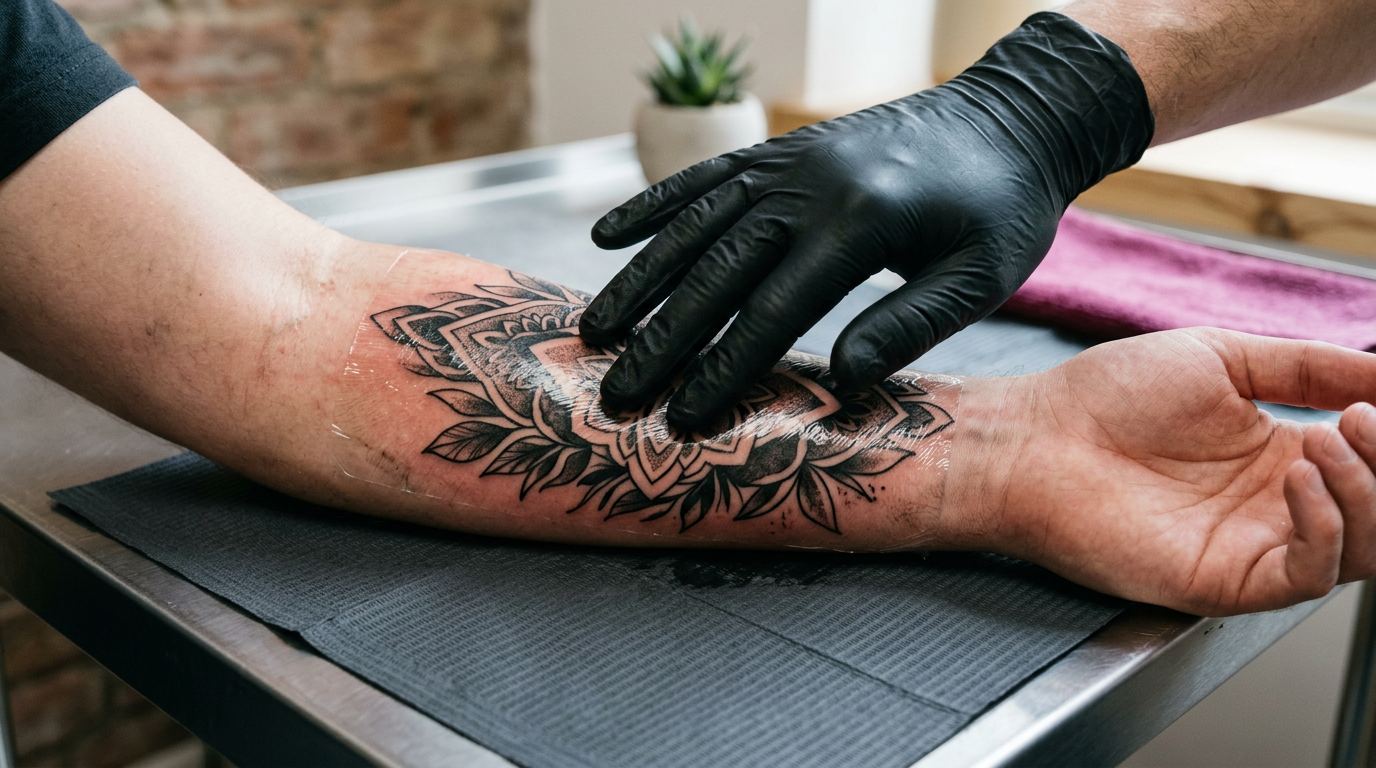 Protective transparent film being applied over a freshly completed blackwork tattoo
