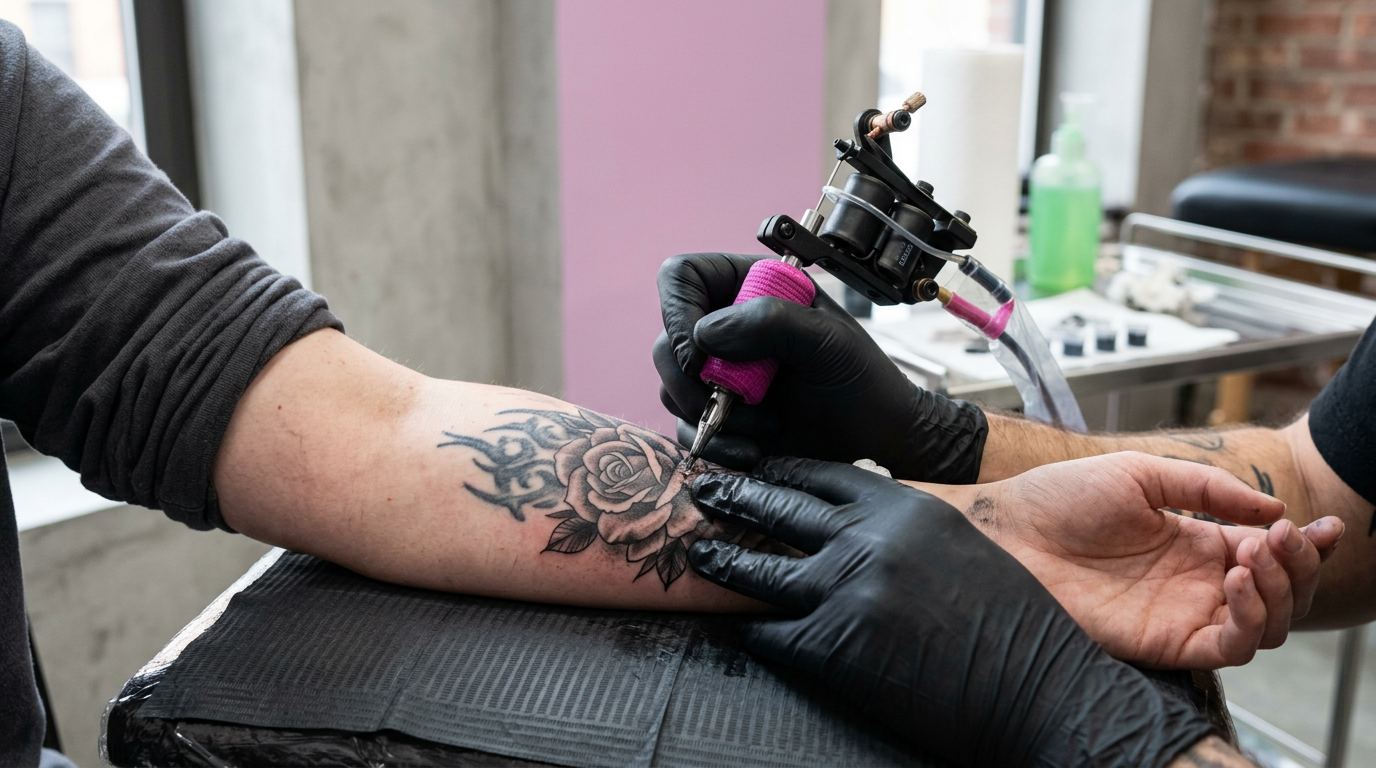 Tattoo artist layering black-and-grey petals over a faded tattoo with a magnum shader