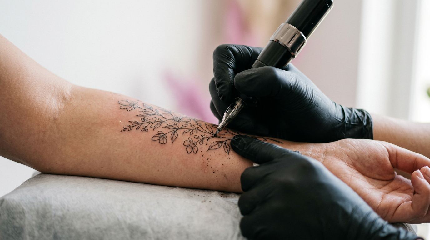 Single-needle rotary tattoo pen creating delicate floral linework on a client's arm