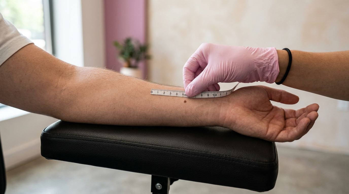 Tattoo artist measuring forearm placement before a first tattoo appointment