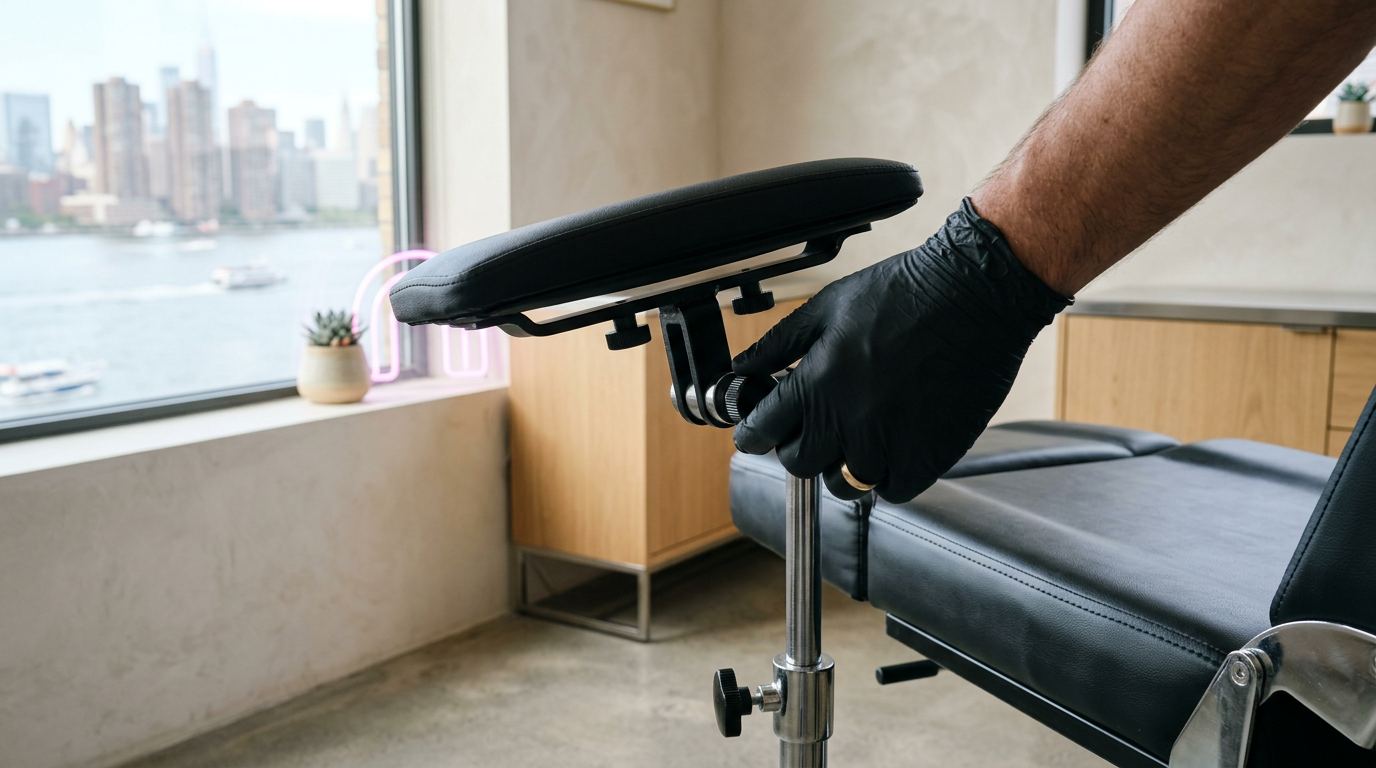 Clean private tattoo workstation with an articulated armrest beside an ocean-view window