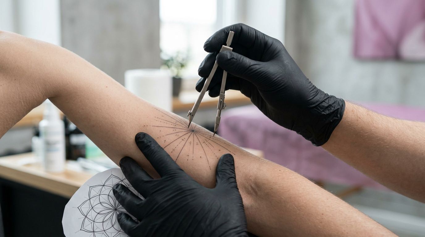 Tattoo artist mapping precise radial geometry on a client's arm with a skin-safe compass tool