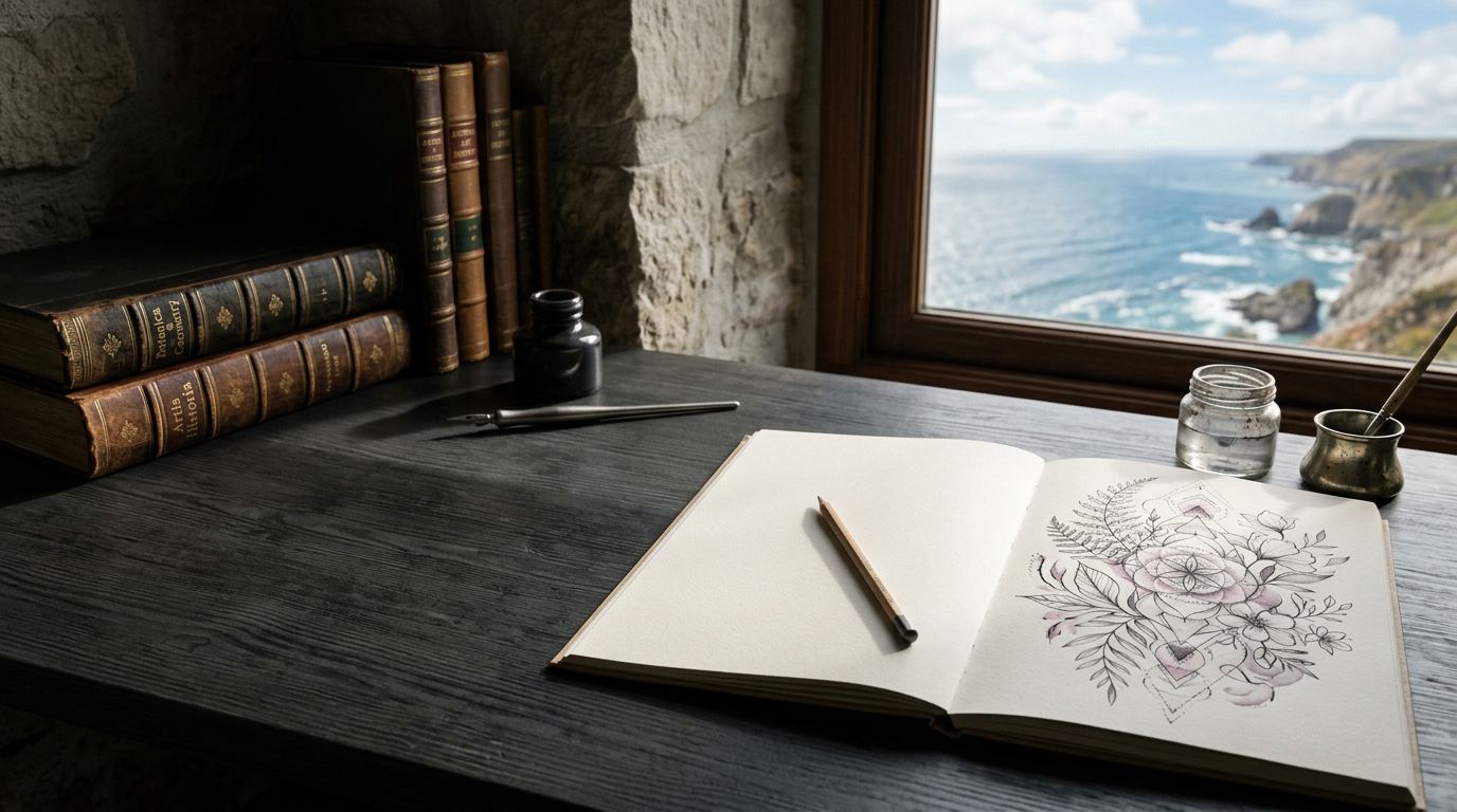 Open tattoo sketchbook with botanical and sacred-geometry drawings on an ocean-view studio desk