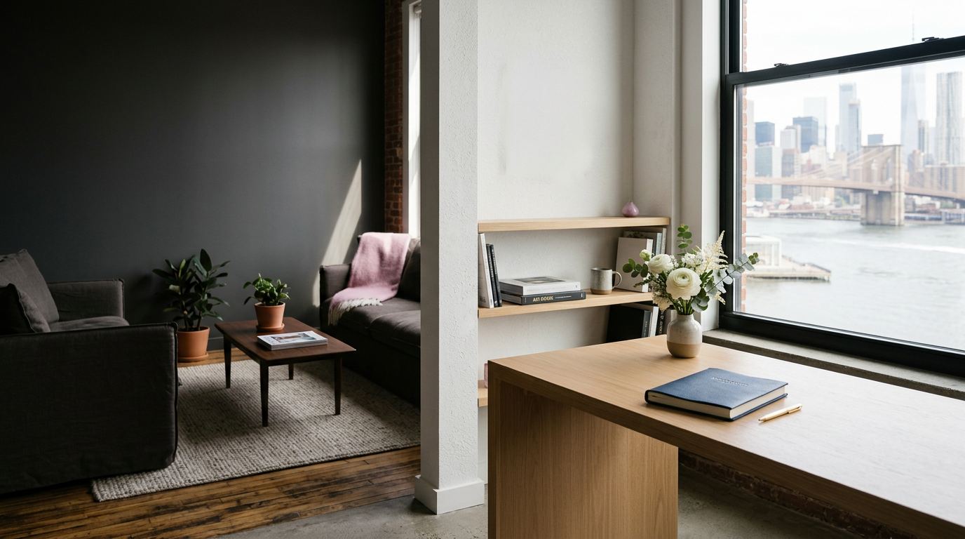 Private tattoo consultation lounge and appointment desk overlooking the Brooklyn waterfront