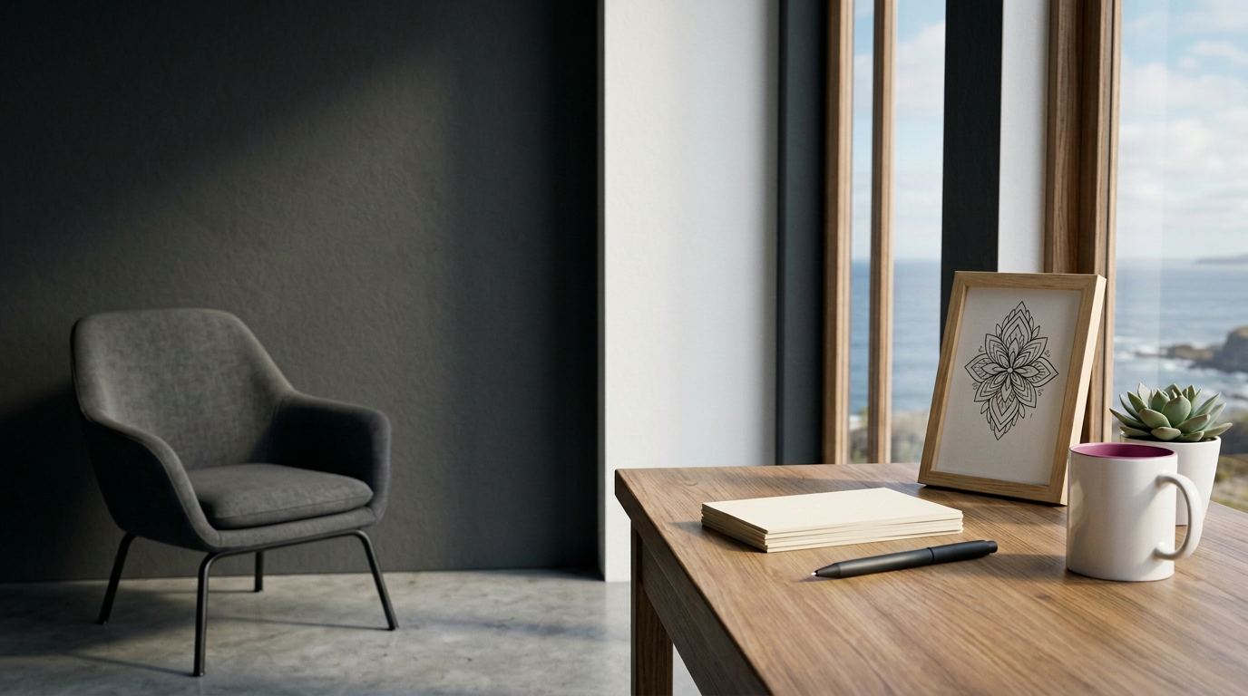 Quiet tattoo consultation space with blank note cards and ornamental artwork beside an ocean view