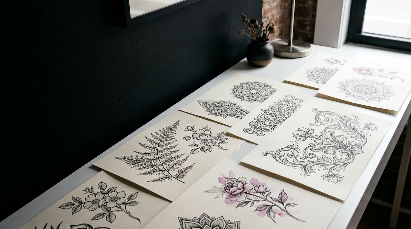 Fine-line botanical, ornamental and sacred-geometry tattoo drawings arranged in a studio portfolio