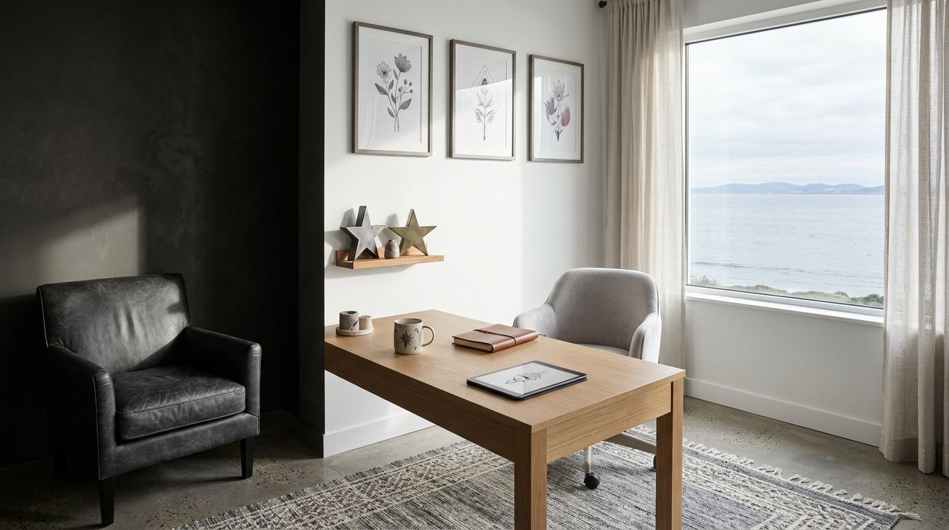 Welcoming private tattoo consultation room with ocean views and star-shaped decor