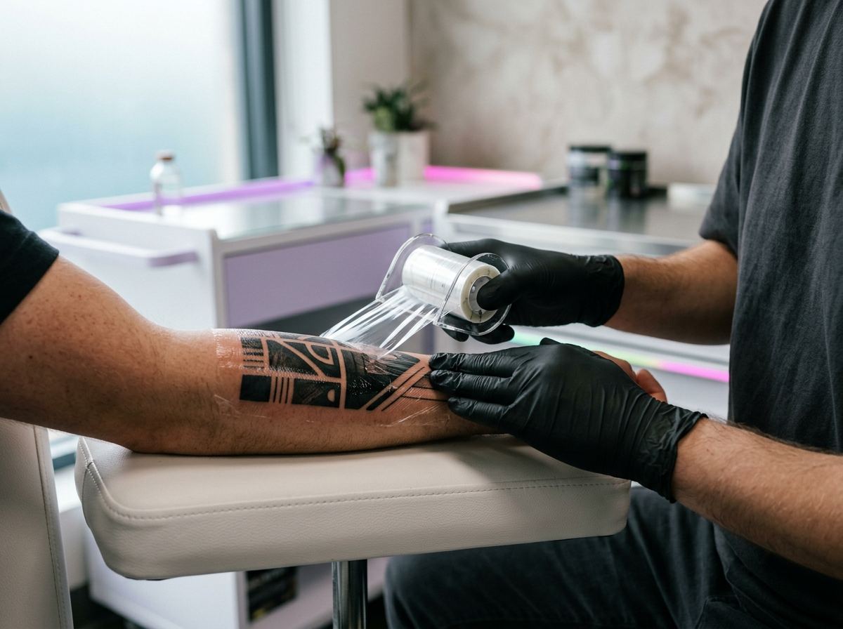 Tattoo artist applying transparent protective aftercare film over a finished geometric blackwork forearm tattoo