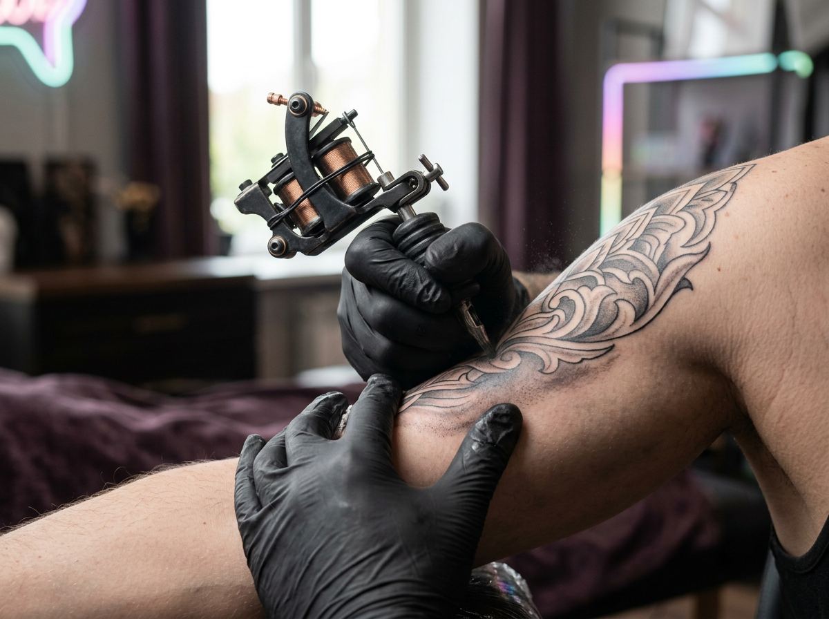 Tattoo artist shading a black-and-grey ornamental upper-arm tattoo with a professional coil machine