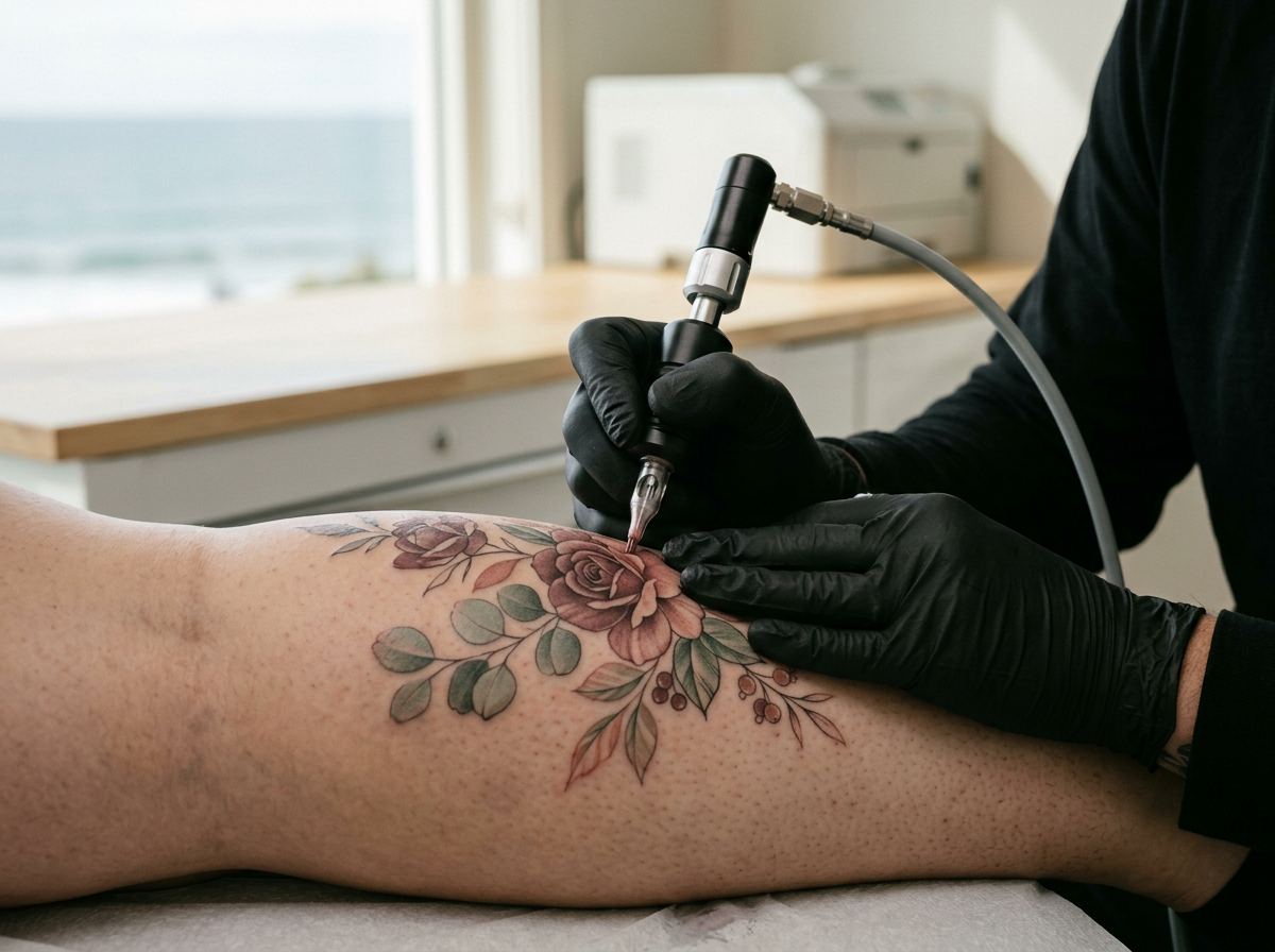 Tattoo artist adding muted rose and green colour to a detailed floral calf tattoo with a pneumatic machine