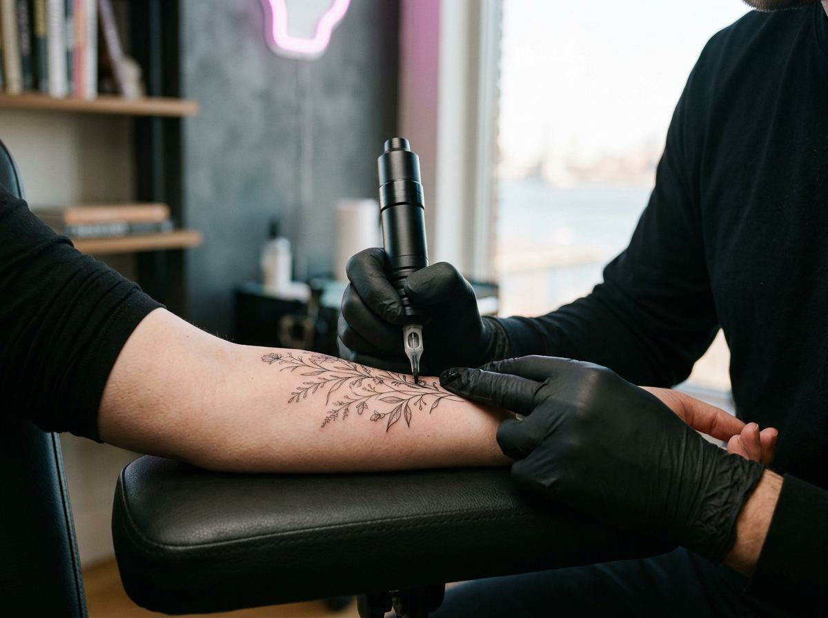 Tattoo artist using a rotary pen machine to create a fine-line botanical forearm tattoo in a private Brooklyn studio