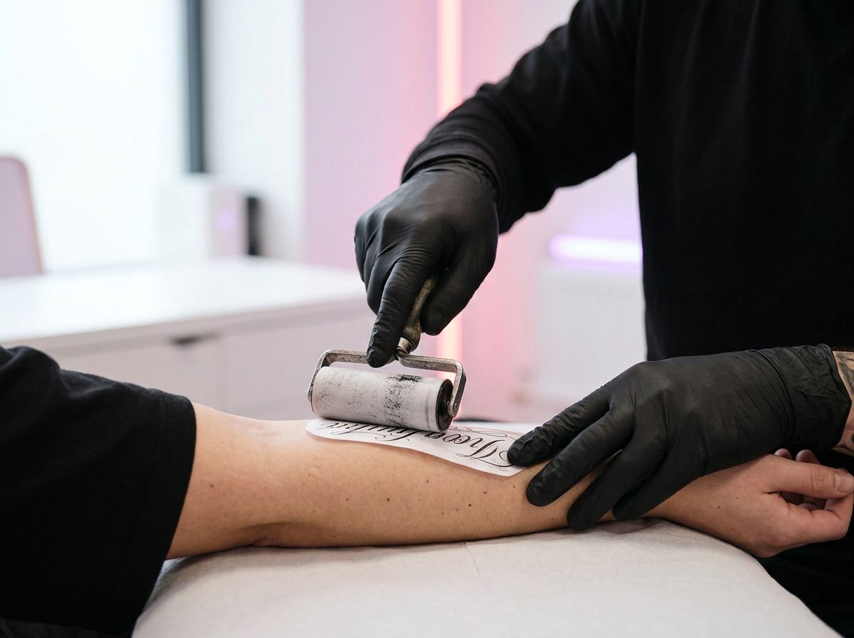 Tattoo artist applying a custom lettering stencil transfer to a client's inner forearm with a hand roller