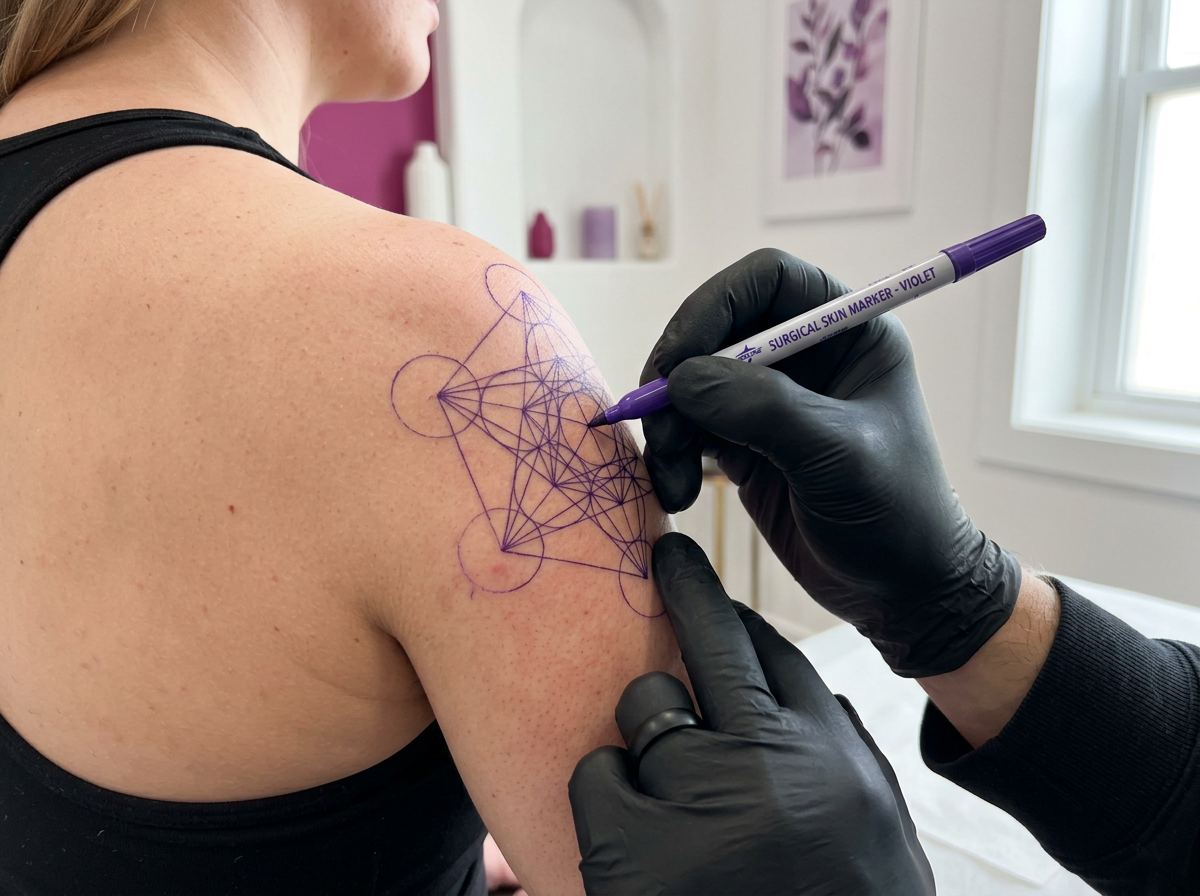 Tattoo artist refining a precise sacred-geometry shoulder design with a sterile surgical skin marker