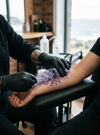 Gloved tattoo artist placing a fresh floral stencil on a client's forearm before an appointment