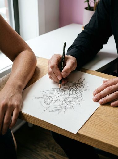 Tattoo artist sketching a custom concept beside a client's forearm during a private consultation
