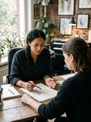 Tattoo artist and client reviewing a hand-drawn fine-line tattoo design together at a studio table