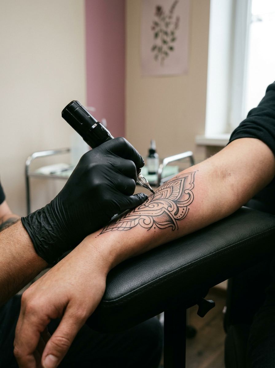 Tattoo artist completing black-and-grey ornamental linework with a cordless rotary tattoo pen