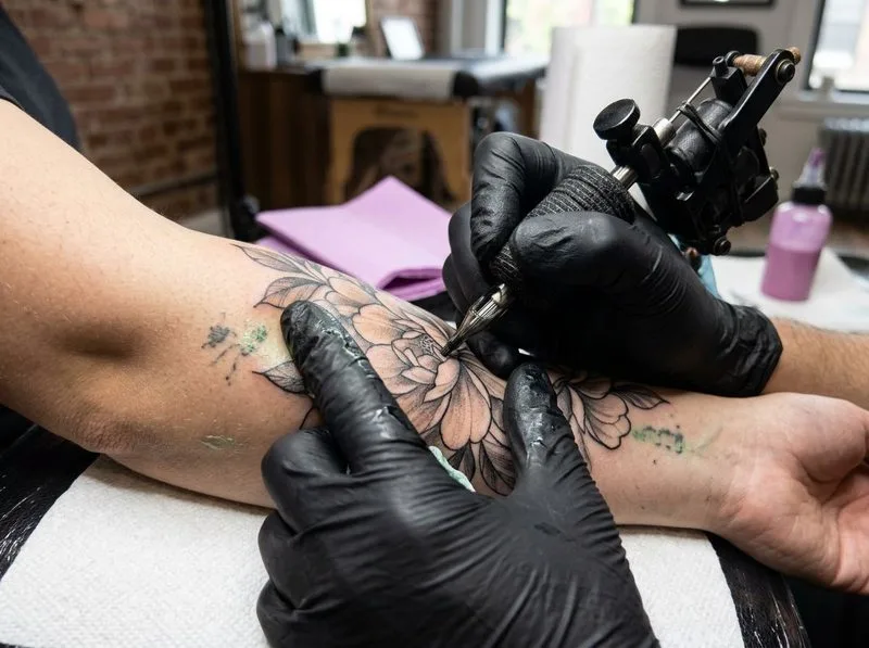 Tattoo artist shading a black-and-grey floral cover-up over a faded forearm tattoo with a coil machine