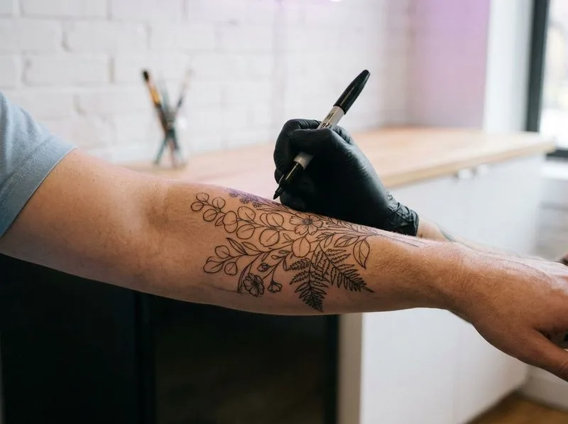 Tattoo artist drawing a custom botanical design directly on a client's forearm with a surgical skin marker