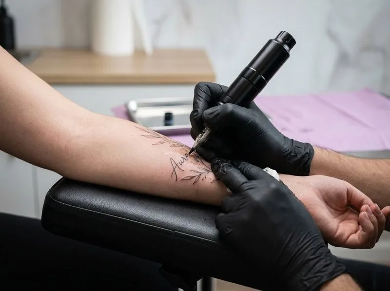 Tattoo artist creating precise fine-line floral work on an inner forearm with a cordless rotary tattoo pen