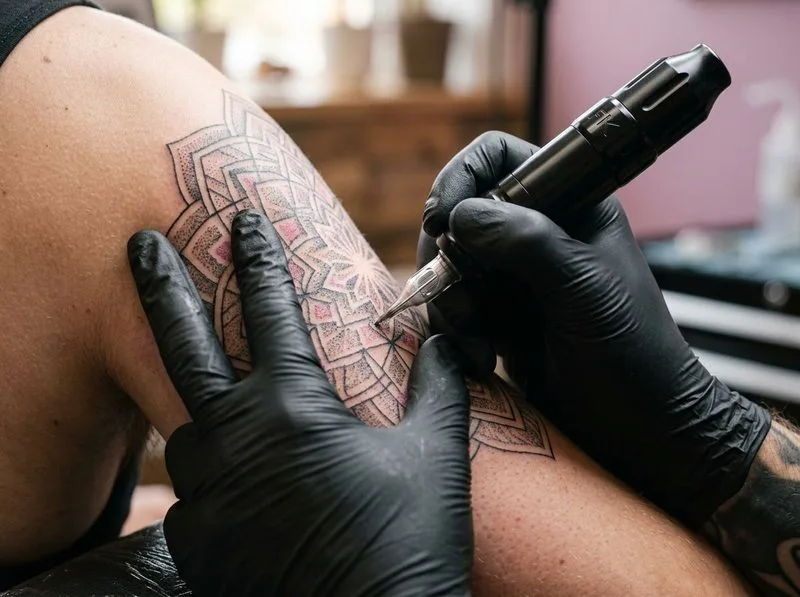 Tattoo artist building a precise sacred-geometry mandala on an upper arm with a dotwork tattoo pen